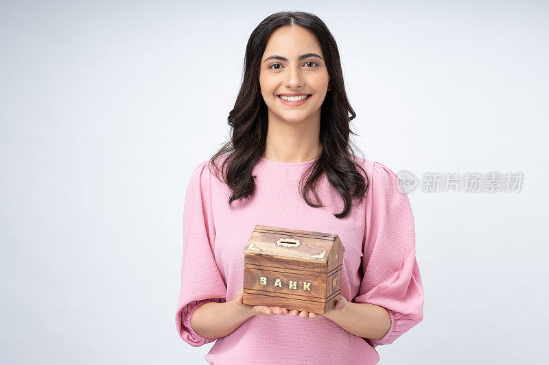 Portrait of young businesswoman wear trendy smart casual outfit isolated on white background stock photo